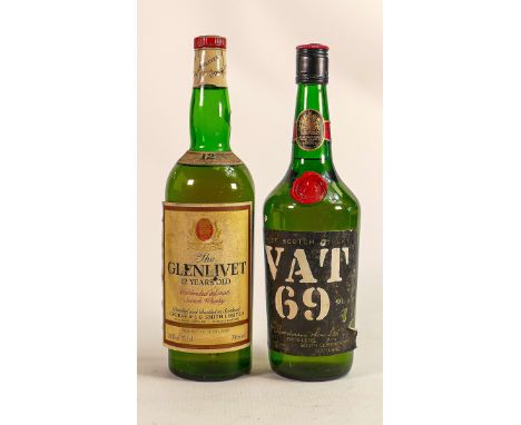 Glenlivet 12 Year Old unblended vintage bottle of Scotch Whisky together with a similar vintage bottle of VAT69. (2) 