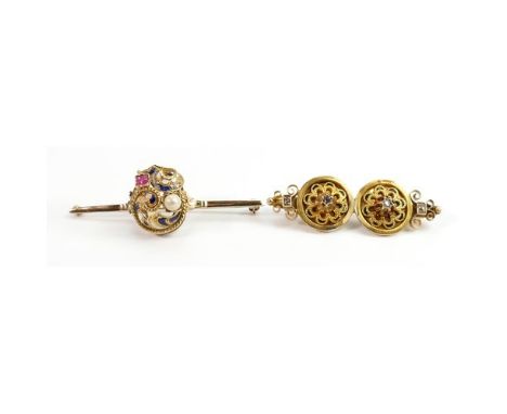 Early 19th century high carat gold &amp; diamond brooch plus ruby pearl and enamel brooch. The diamond brooch tests as 18ct w