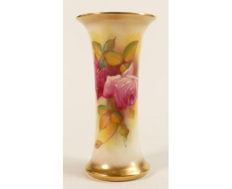 Royal Worcester hand painted vase decorated with roses, signed M Hunt, puce backstamp, height 18.5cm. 