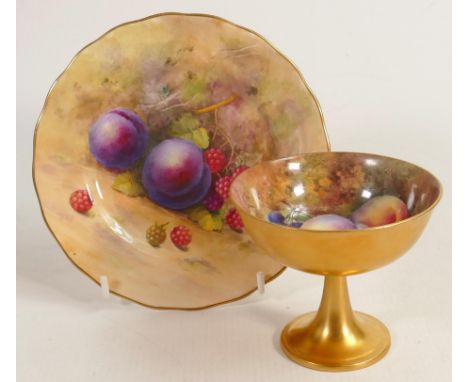 Royal Worcester goblet, hand painted with fruit by Price, (goblet has stem re-stuck) and a similar plate by Shuck. (2) 