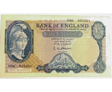 Bank of England - Lion &amp; Key Series Five Pounds, c.1955-62, Signatory L K O Brien, serial number H96 625321, very good co