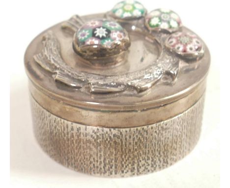 Silver round box &amp; cover, the cover set with 4  Caithness glass miniatures, 76.6g. 