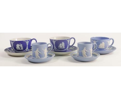 Wedgwood Dancing Hours coffee cans &amp; saucers together with similar dip blue / glazed Jasper cups &amp; saucers. (5) 