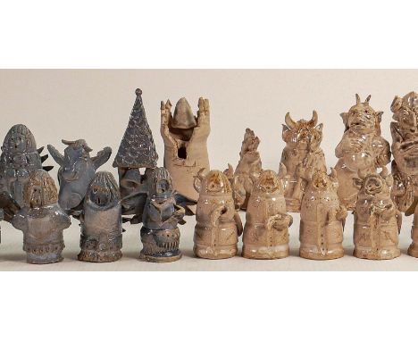 20th century studio pottery Martin Brothers inspired chess set, 32 pieces, in the style of artist R C Kew, some damages, heig