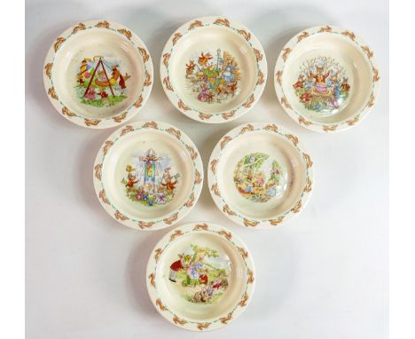 Six Royal Doulton Bunnykins oatmeal bowls, one seconds item noted, each 16cm, (6) 