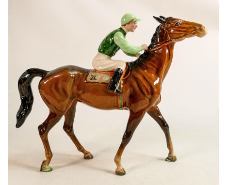 Beswick Jockey on Walking Horse 1037, jockey in green &amp; light green colourway, No24 detail noted on lighter brown horse, 