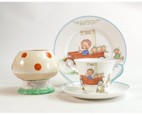 Shelley Mabel Lucie Attwell trio 'Fairies Love Motoring All About' together with similar sugar bowl. (4) 