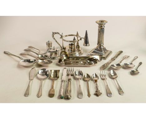A collection of silver and silver plated items including cutlery, candle holder, silver candlestick and one silver spoon. 