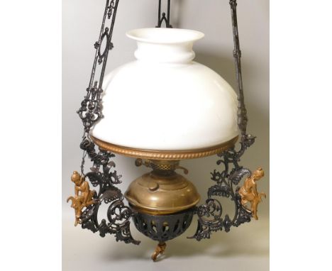 Large Victorian rise &amp; fall lamp with shade. 