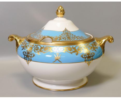 De Lamerie Fine Bone China heavily gilded Turquoise soup tureen with personalised family crest, specially made high end quali
