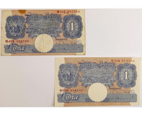 Bank Of England, £1 note K C Peppiatt 1934-49 in near mint condition together with another similar note, stained and folded. 