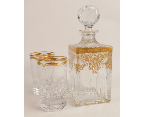 De Lamerie fine crystal heavily gilded Decanter &amp; two tumblers, specially made high end quality items, height 17cm. (3) 