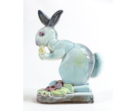 Beswick blue gloss model of a rabbit on pottery base 316, coloured section to flower &amp; eyes noted. 