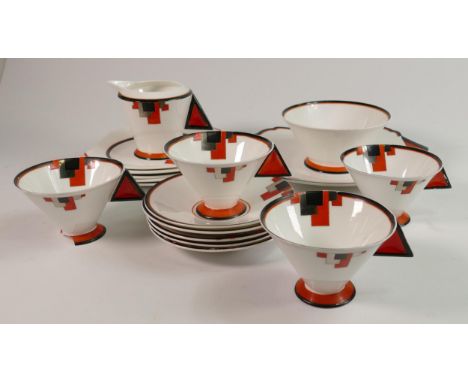 Shelley Red Blocks Mode part coffee set 11786 c1930, comprising 4 cups &amp; saucers, side plates, sugar and cream and plate,