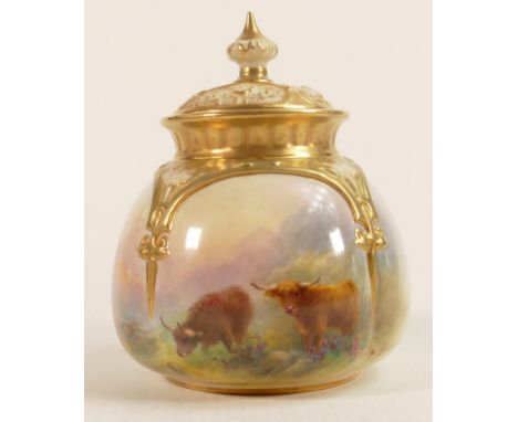 Royal Worcester vase &amp; cover, hand painted with Highland Cattle, signed H Stinton, puce backstamp, height 11cm. 