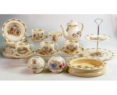 Royal Doulton Bunnykins items to include - teapot, cups and saucers, plates, bowls, money boxes &amp; a two tier cake stand. 