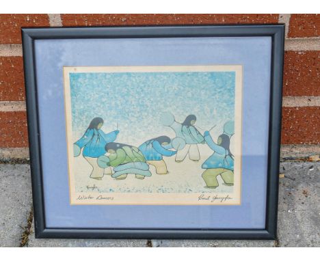 19th century signed block print by Cecil Youngfox entitled the Winter Dancers, frame size 22.5 x 25.5cm 