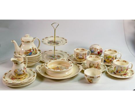 Royal Doulton Bunnykins items to include - teapot, cups and saucers, plates, bowls, money box &amp; a two tier cake stand. 