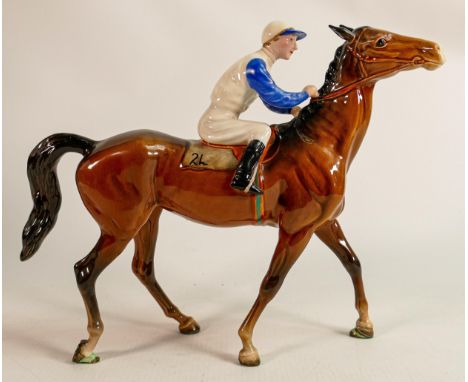 Beswick Jockey on Walking Horse 1037, jockey in blue &amp; white colourway, No24 detail noted on lighter brown horse, restore