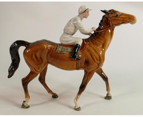 Beswick Jockey on Walking Horse 1037, jockey in white &amp; light blue colourway, with Spade detail, on early light brown hor