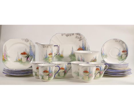 Shelley Vincent shape tea set, pattern 11618, Garden Urn pattern. Consisting of 6 cups &amp; saucers, 12 side plates, bread &