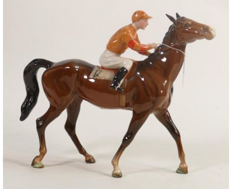 Beswick Jockey on Walking Horse 1037, jockey in orange &amp; red stripes colourway, No12 detail noted on lighter brown horse,