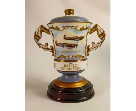 Aynsley two handled trophy vase and cover, Spitfire Tally Ho, The Battle of Britain hand painted by R Band, 50th Anniversary 