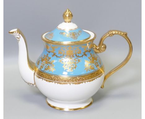 De Lamerie Fine Bone China heavily gilded Turquoise Exotic Garden patterned tea pot, specially made high end quality item, ma