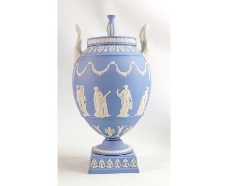 Wedgwood light blue Jasperware two handled urn and cover, all around classical decoration, dated 1972, h.32cm. 