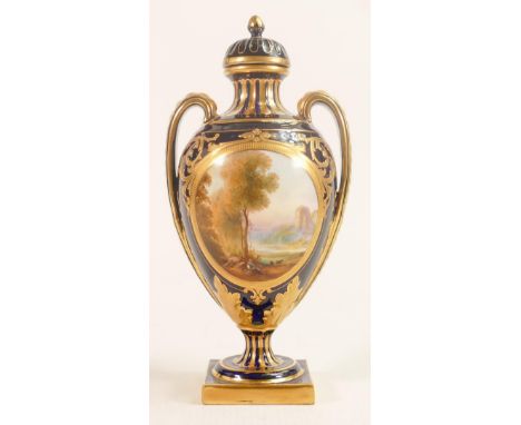 Royal Worcester twin handled vase &amp; cover, hand painted panel of figures in landscape, signed H Davis, puce backstamp, he