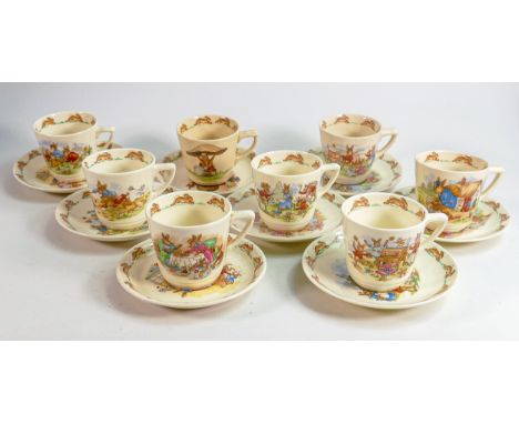 Royal Doulton Bunnykins unmatched Casino shaped cups &amp; saucers, two Barbara Vernon sets noted. (8) 