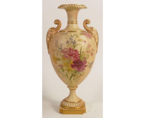 Royal Worcester large blush vase decorated with flowers, c1890, h.32cm. Stem broken and re-stuck. 