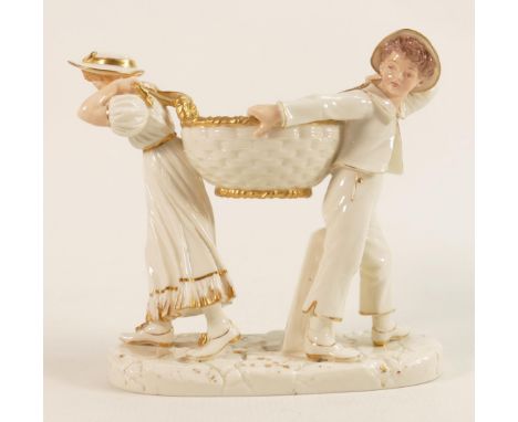 Royal Worcester figure group of boy & girl supporting a basket, modelled by James Hadley, green backstamp, height 19.5cm. 