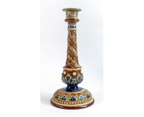 Royal Doulton Lambeth candlestick, decorated all around with flower heads and leaves, h.30.5cm. 