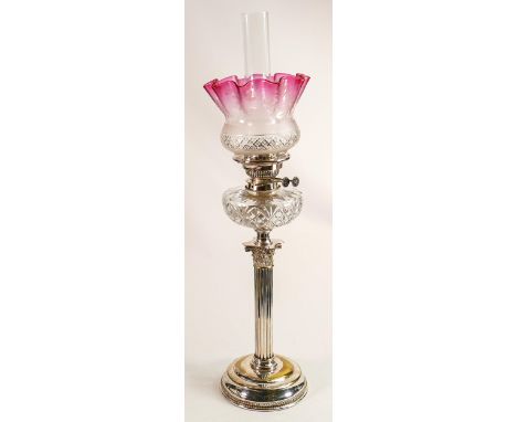 Large silver plated Corinthium column oil lamp with acid etched shade, Duplex burner noted. Complete height 65cm. 