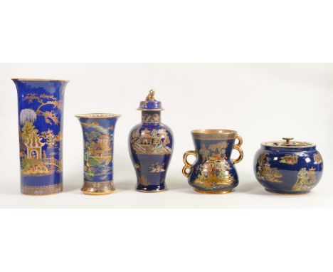 A collection of blue &amp; gilt Carltonware with floral, birds of paradise &amp; temple decoration, including tobacco jar, li