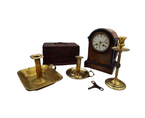 A 19th century burr walnut inlaid tea caddy with lift out pewter inserts, height 13cm together with a 19th century mantle clo