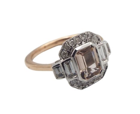 9ct rose and white gold Art Deco style ring set with a rectangle step-cut morganite surrounded by RBC and baguette cut diamon