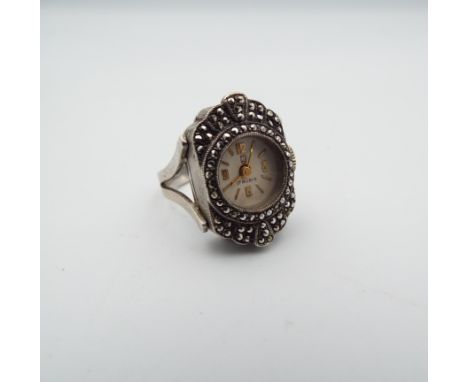 A ladies Marcasite manual wind 17 rubis ring watch, marked sterling with box.&nbsp;