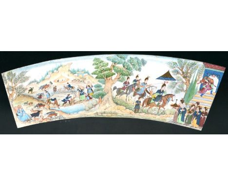 A VERY GOOD QUALITY INDIAN OR BURMESE PAINTING ON A SHEET OF IVORY. Bear hunting with figures on horseback. Panel 13.5ins x 5