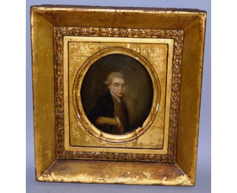 A GEORGIAN HAND PAINTED HALF LENGTH PORTRAIT OF A MAN on copper panel 5ins x 4ins, in a gilt frame. 