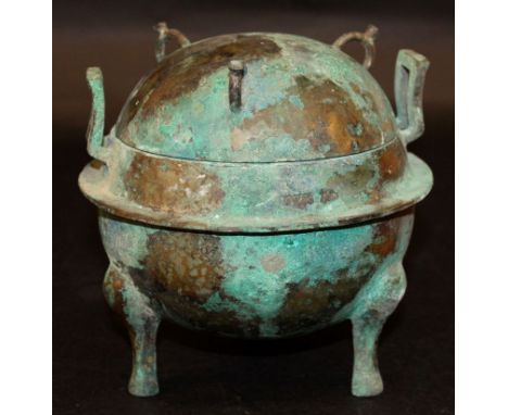 A CHINESE PATINATED BRONZE TRIPOD CENSER & COVER, weighing 1.26Kg, and of ding form, 6.1in high overall. 