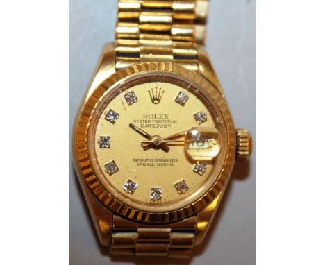A GOOD 18CT YELLOW GOLD AND DIAMOND ROLEX OYSTER PERPETUAL WRISTWATCH AND BRACELET, with diamond set numbers in a ROLEX TAPES