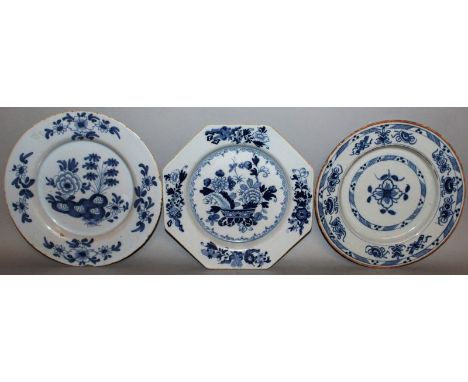 THREE VARIOUS DELFTWARE DUTCH BLUE AND WHITE PLATES, one is octagonal. 8.5ins (2) and 9ins (1). 
