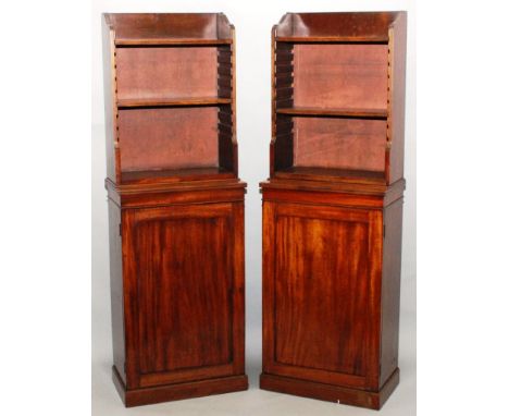 A VERY GOOD PAIR OF MAHOGANY NARROW OPEN TOP BOOKCASES stamped WILKINSON & SONS, 14 LUDGATE HILL, No. 7542, the top with open