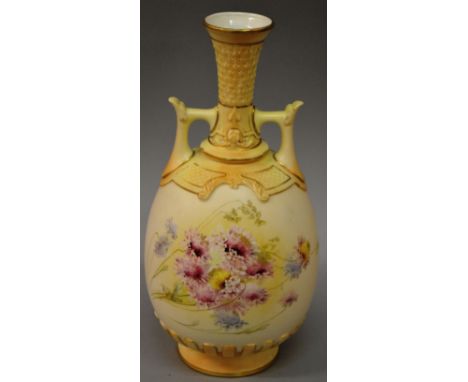 A 19TH CENTURY ROYAL WORCESTER OVOID VASE with moulded shoulder handles and flared neck, painted with yellow and pink flowers