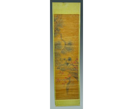 A 20TH CHINESE HANGING SCROLL PAINTING ON WOVEN BAMBOO, depicting birds perched on a blossoming branch, within a silk mount, 