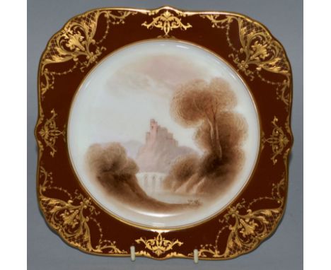 A 19TH CENTURY ROYAL WORCESTER SQUARE LOBED PLATE with a brown and gilt border, painted with a castle scene, signed R. Ruston