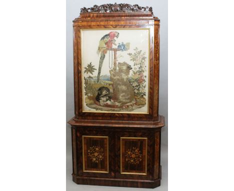 A SUPERB VICTORIAN ROSEWOOD INLAID STANDING CUPBOARD, the top with carved rail and panel door inset with a BRUSSELS TAPESTRY,