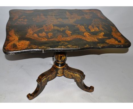 A GOOD GEORGE III CHINESE CHINOISERIE DECORATED TILT TOP TRIPOD TABLE, figures in a landscape setting and floral and other mo